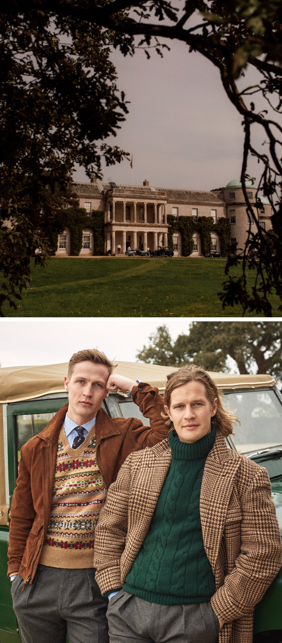 <strong>PAST AND PRESENT</strong><br/><span>(Top): The manor house on the 10,000-acre grounds; William and Charles wearing a few of the pieces from this season&rsquo;s Polo Originals collection</span>