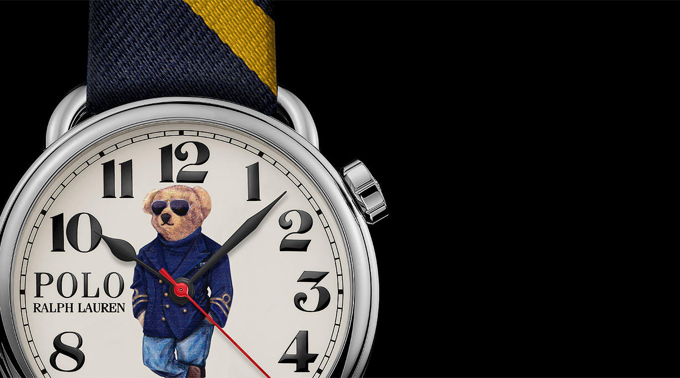 Watch with Nautical Bear at face & navy & yellow striped strap