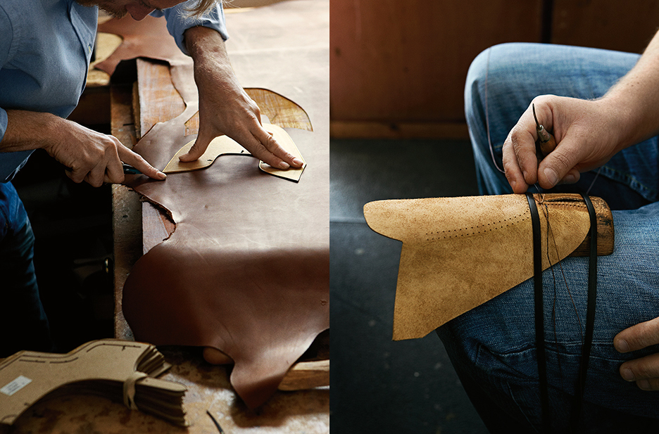At left, a craftsman cutting a pattern, a process known as &#x201C;clicking,&#x201D; due to the sound the knife makes on the brass used to guide the cutting. At right, sewing a shoe, using thread attached to a boar&#x2019;s bristle.