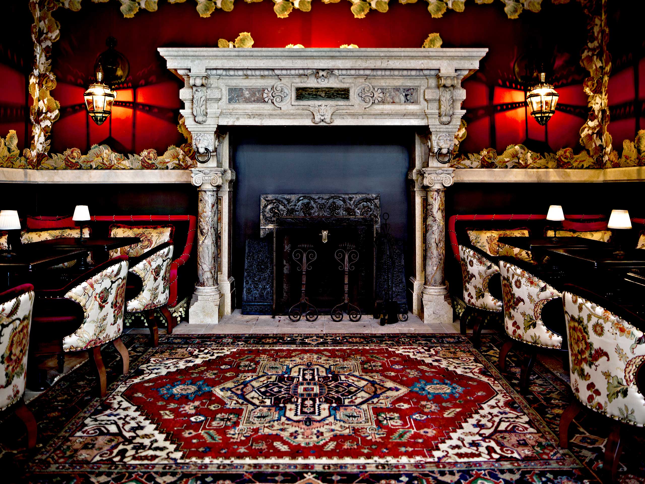 The NoMad Hotel in New York imported an antique fireplace to be the focal point in one of its intimate dining spaces