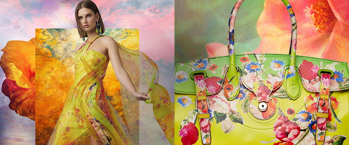 Woman in yellow floral-print gown & floral-print Ricky bag