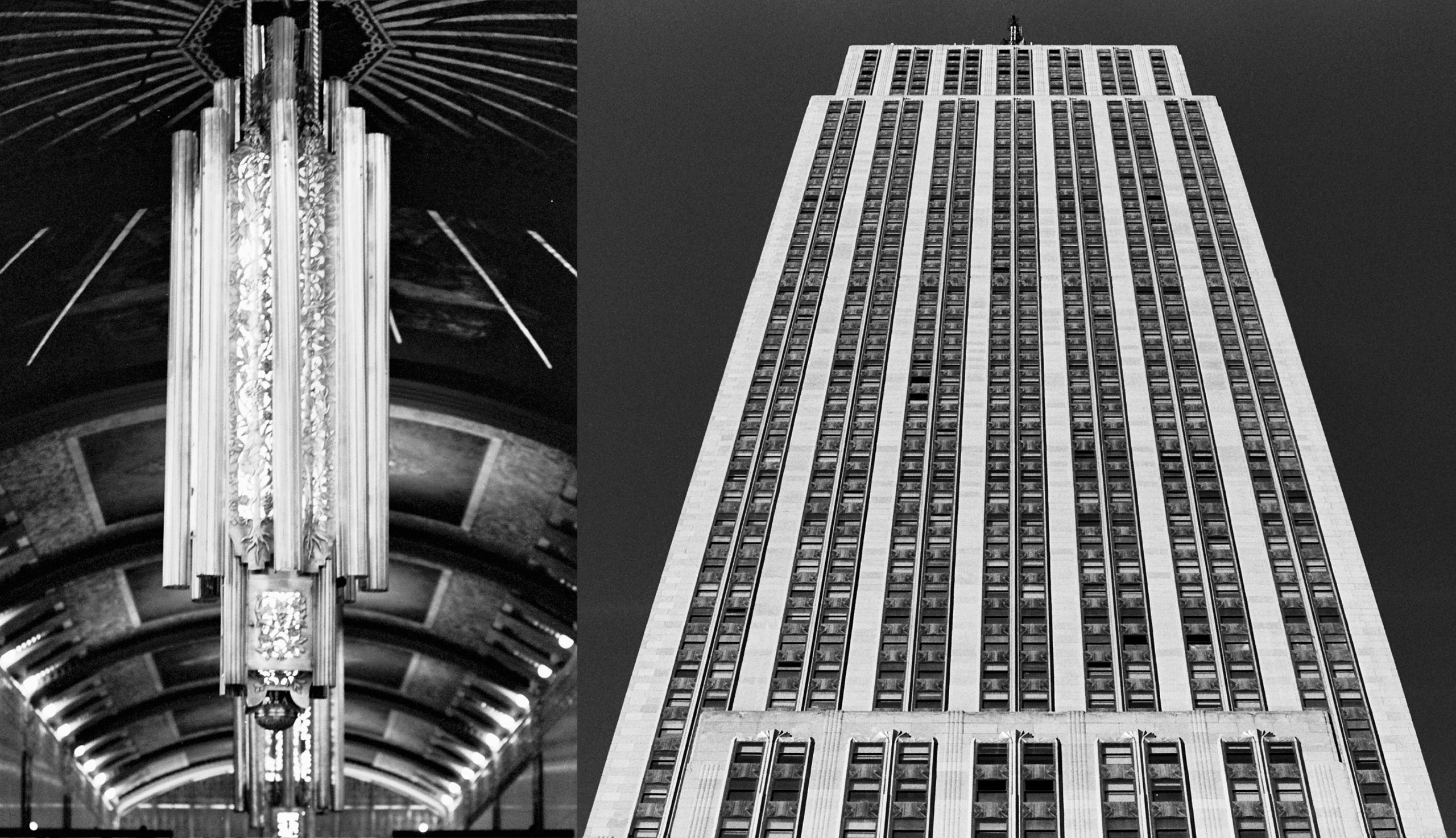 Left: Chandeliers inside the lobby at 100 Barclay. Right: the Empire State Building