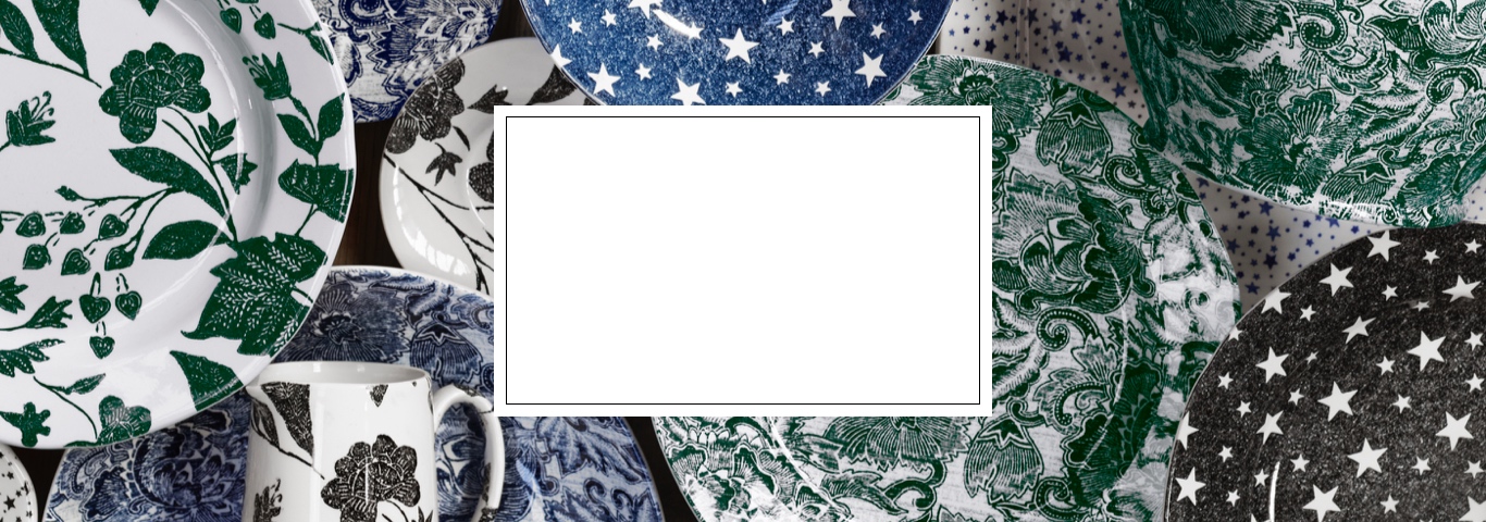 Plates & more with navy & black floral and star patterns