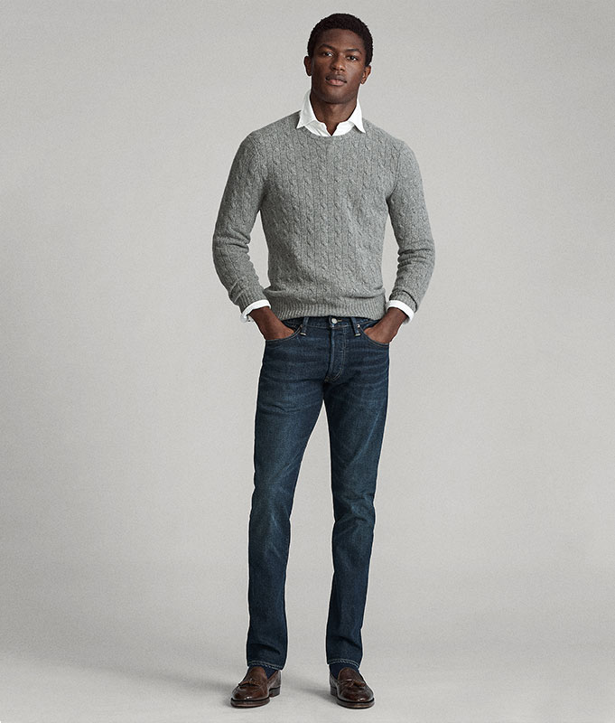 Man in grey cable sweater & Slim Straight jeans