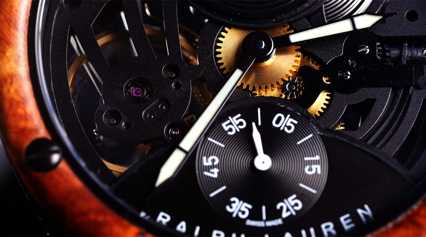 Close-up of Skeleton watch's bezel and exposed movement