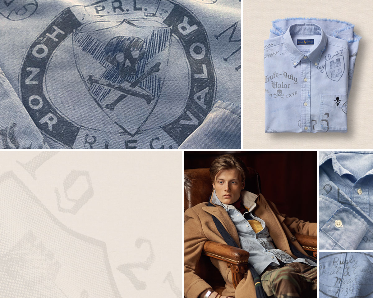 Collage of light blue oxford shirt with stenciled motifs