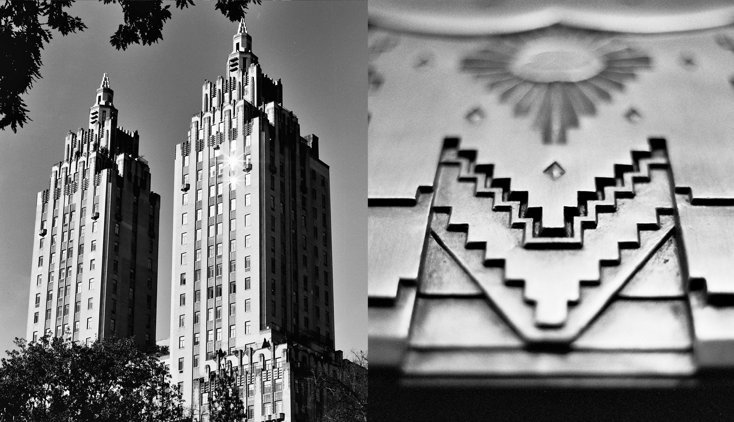 Left: The towers of the El Dorado. Right: a detail from the lobby of 100 Barclay