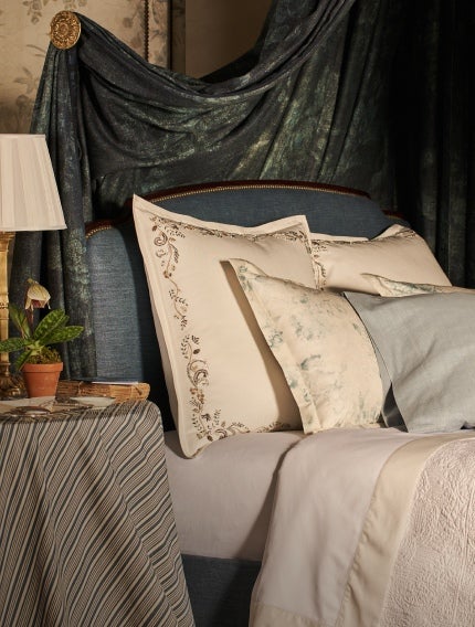 White and blue pillows and sheets on a bed.