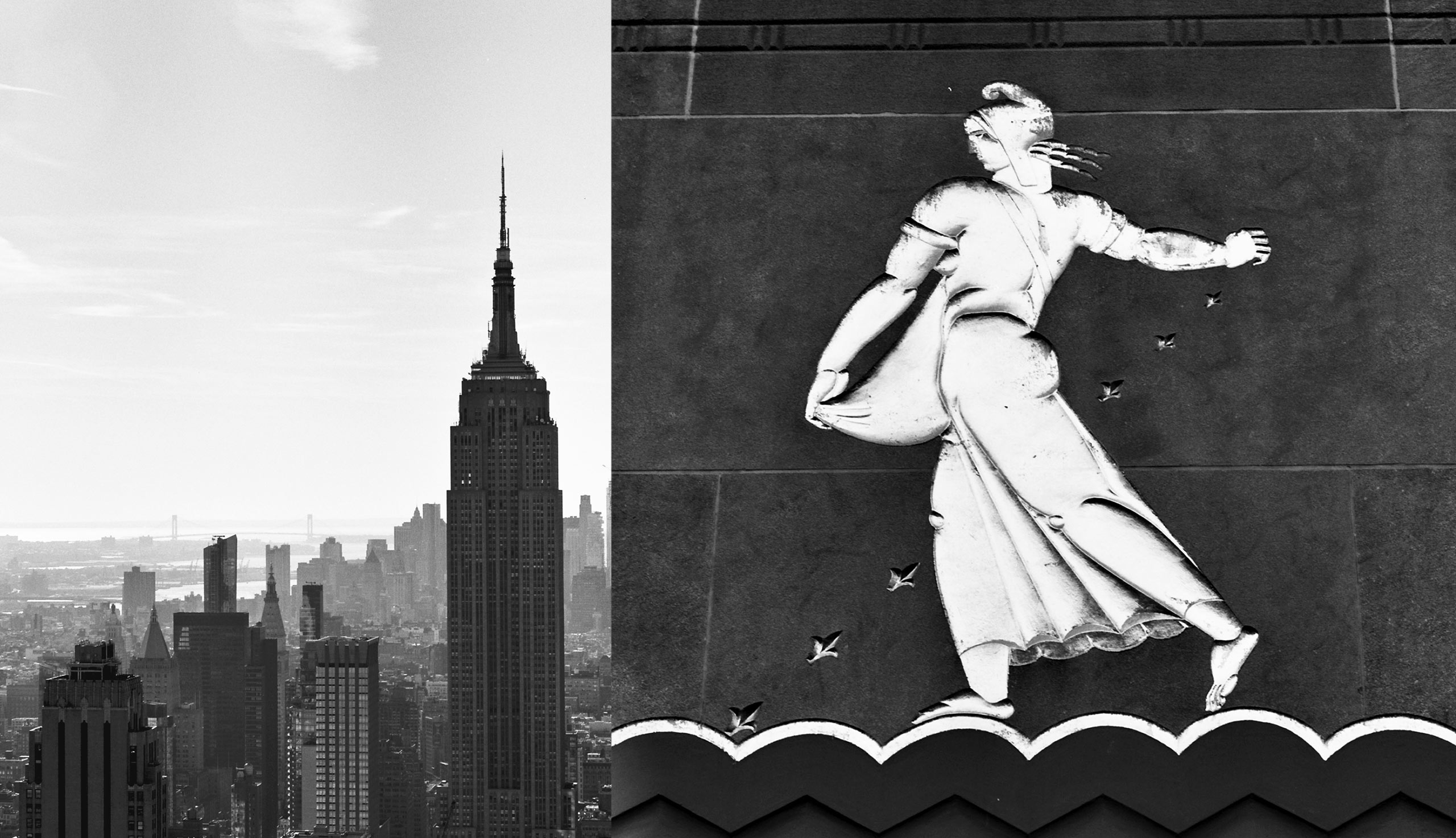 Left: The Empire State Building. Right: an Art Deco relief at Rockefeller Center