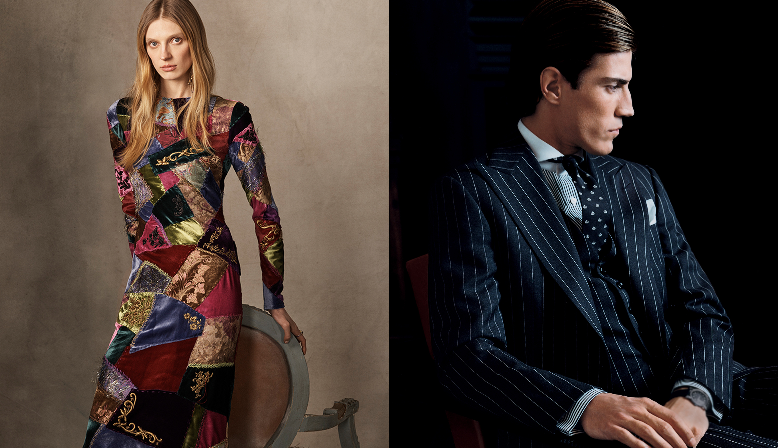 Left: a look from the 50th Anniversary Collection; Right: an example of a timeless Ralph Lauren three-piece suit 