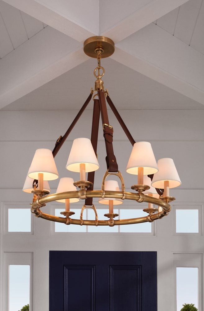 Chandelier with brown leather belt-inspired straps & lights with lamp shades.
