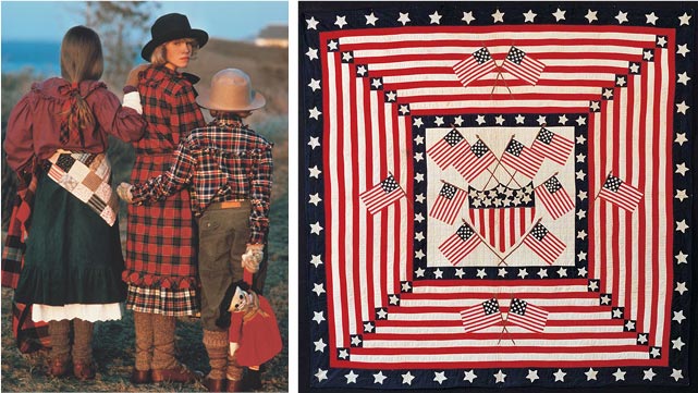 <span>Left, patchwork designs from Ralph Lauren&#x2019;s Fall 1982 children&#x2019;s collection; right, a patchwork quilt made in 1920 bears a classic patriotic design</span>