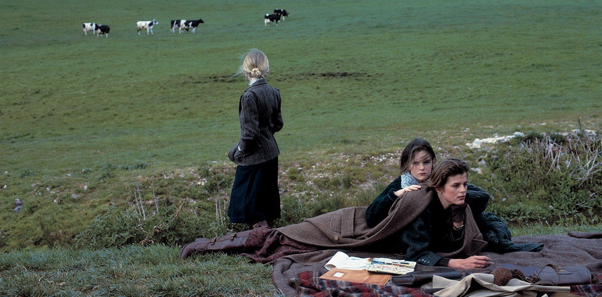 Models lounge in grassy field with cows in the distance.