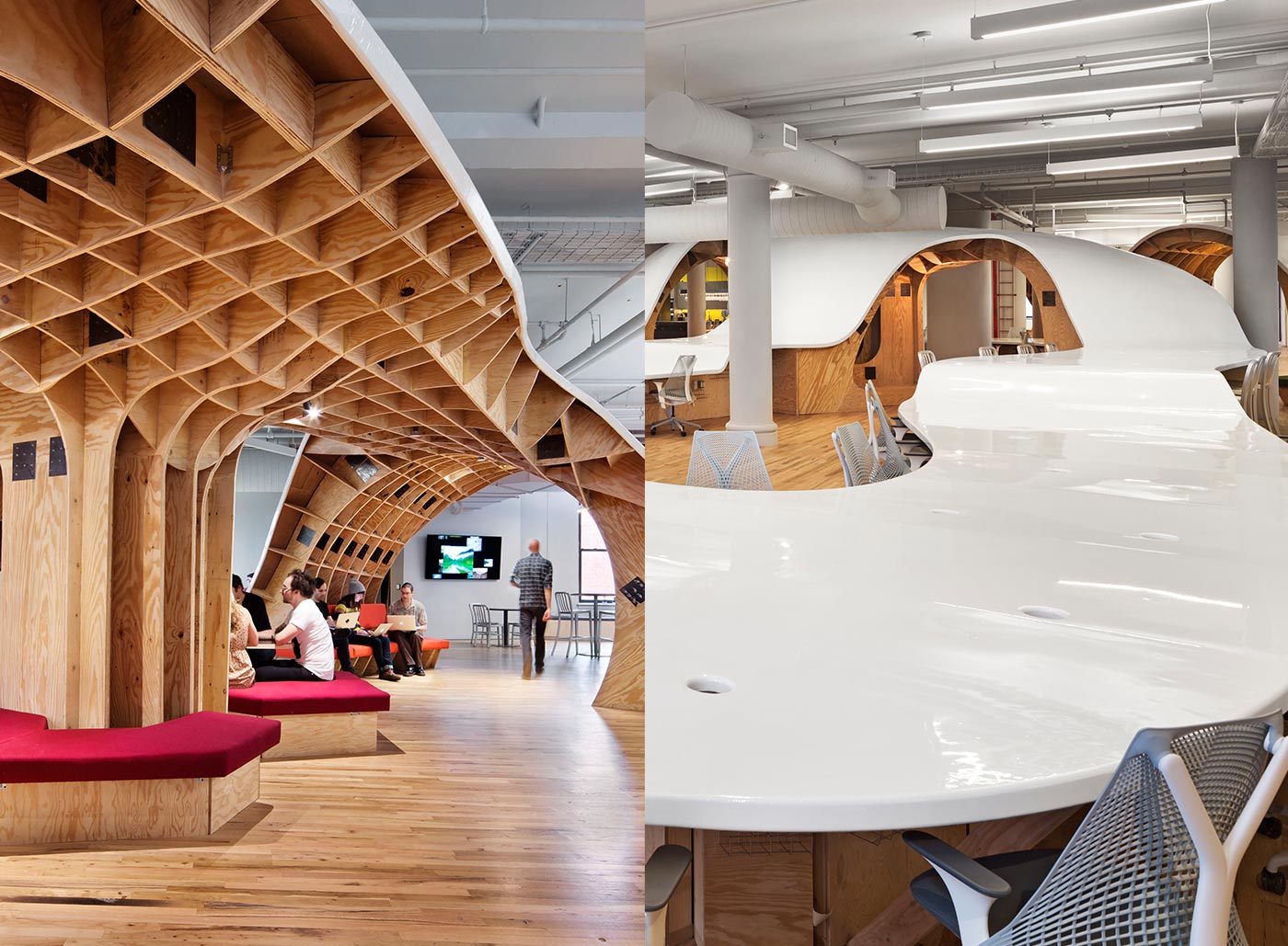 <strong>THE BARBARIAN GROUP: NEW YORK CITY |</strong> This marketing firm&#x2019;s office is ruled by a flowing plywood-and-resin sculpture that twists and turns to create workspaces, shelving units, and a cavernous meeting space