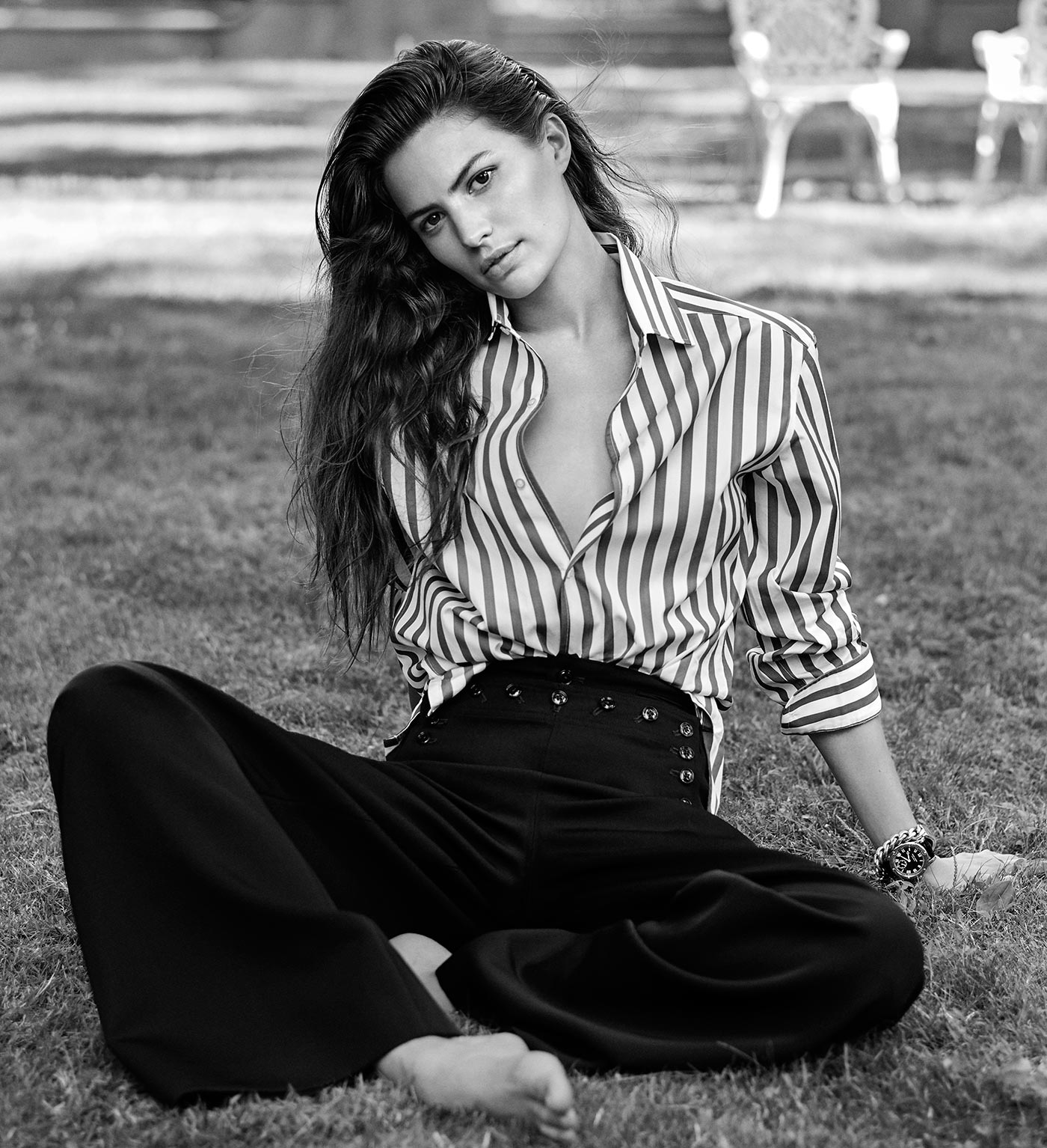 The Sailor Pant, worn by Cameron Russell. Photographed by Steven Meisel