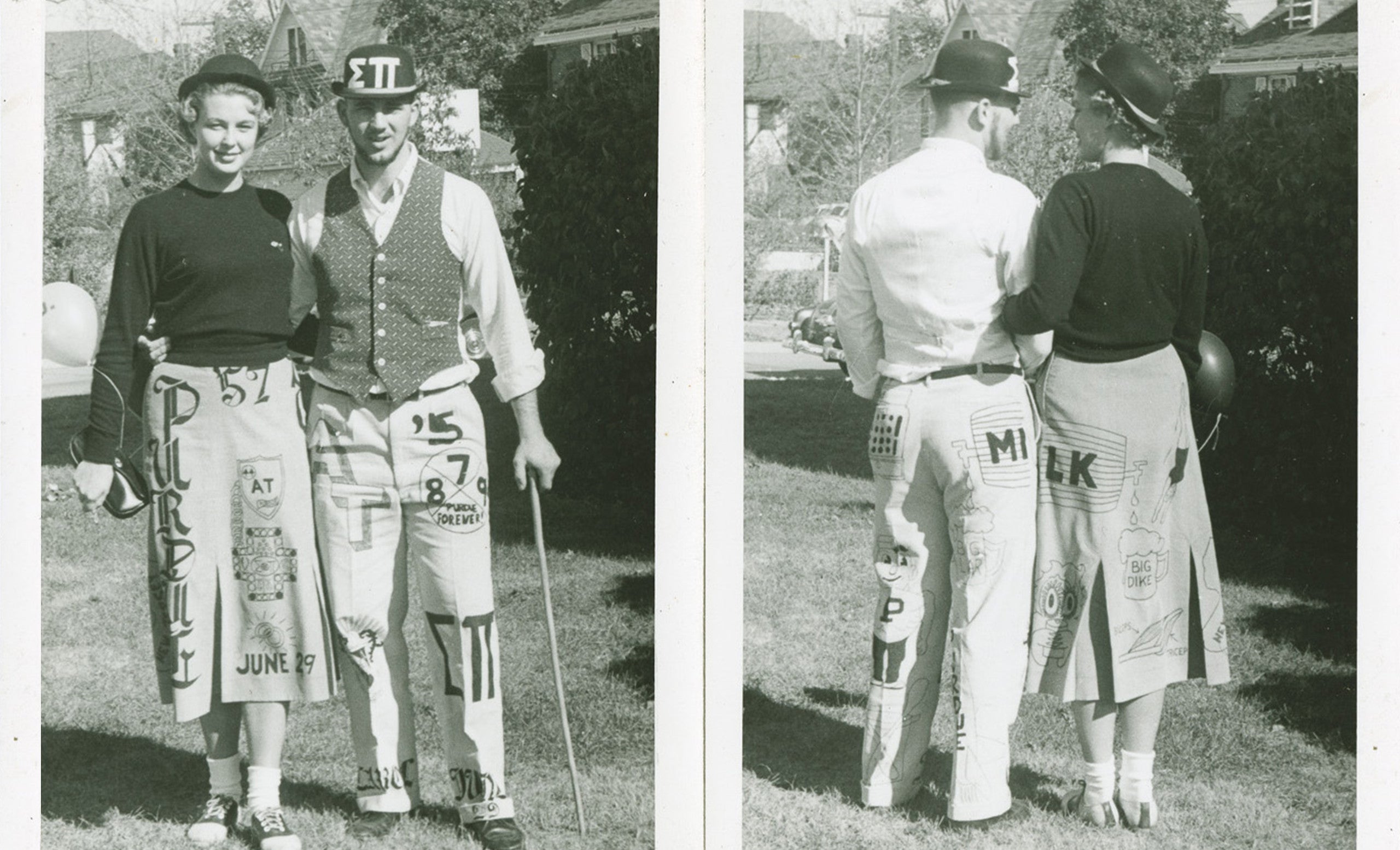 A Purdue couple show off their complementary designs in 1956