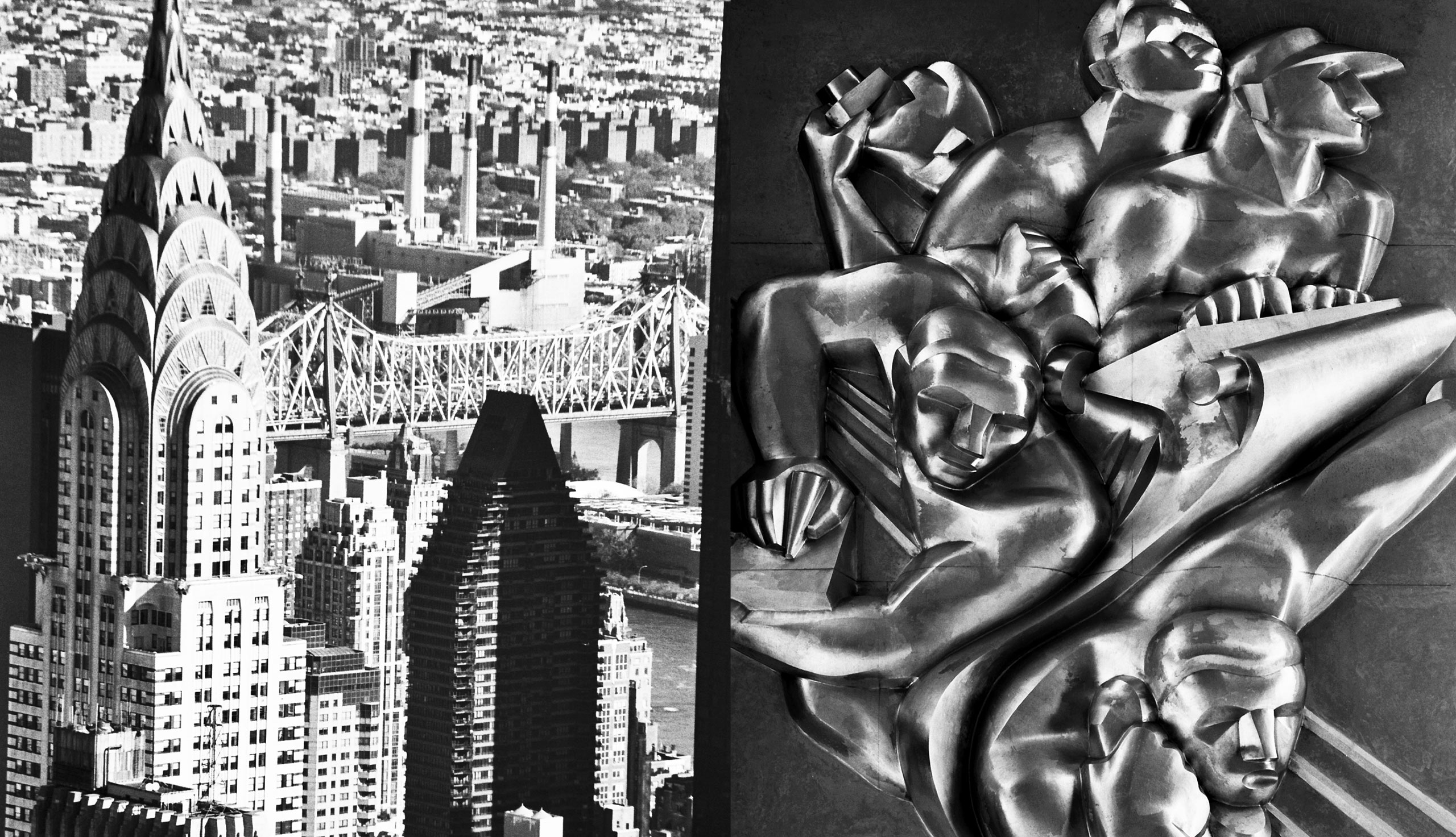 Left: The Chrysler Building. Right: Art Deco reliefs at Rockefeller Center