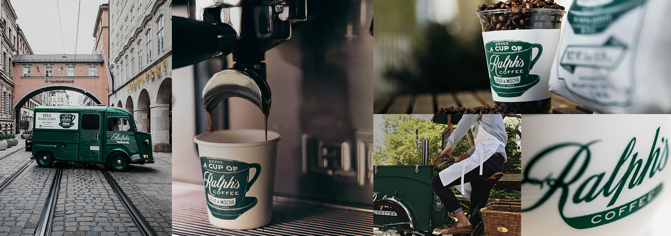 Collage of photographs of Ralph's Coffee truck, coffee cups, and espresso machine.