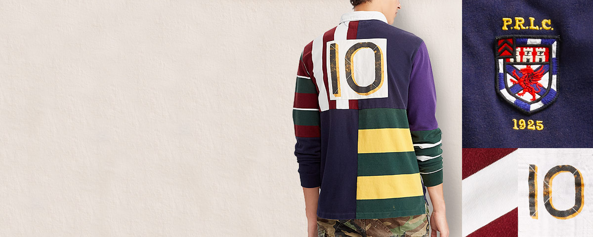 Multicolored patchwork rugby shirt with large '10' appliqué at back