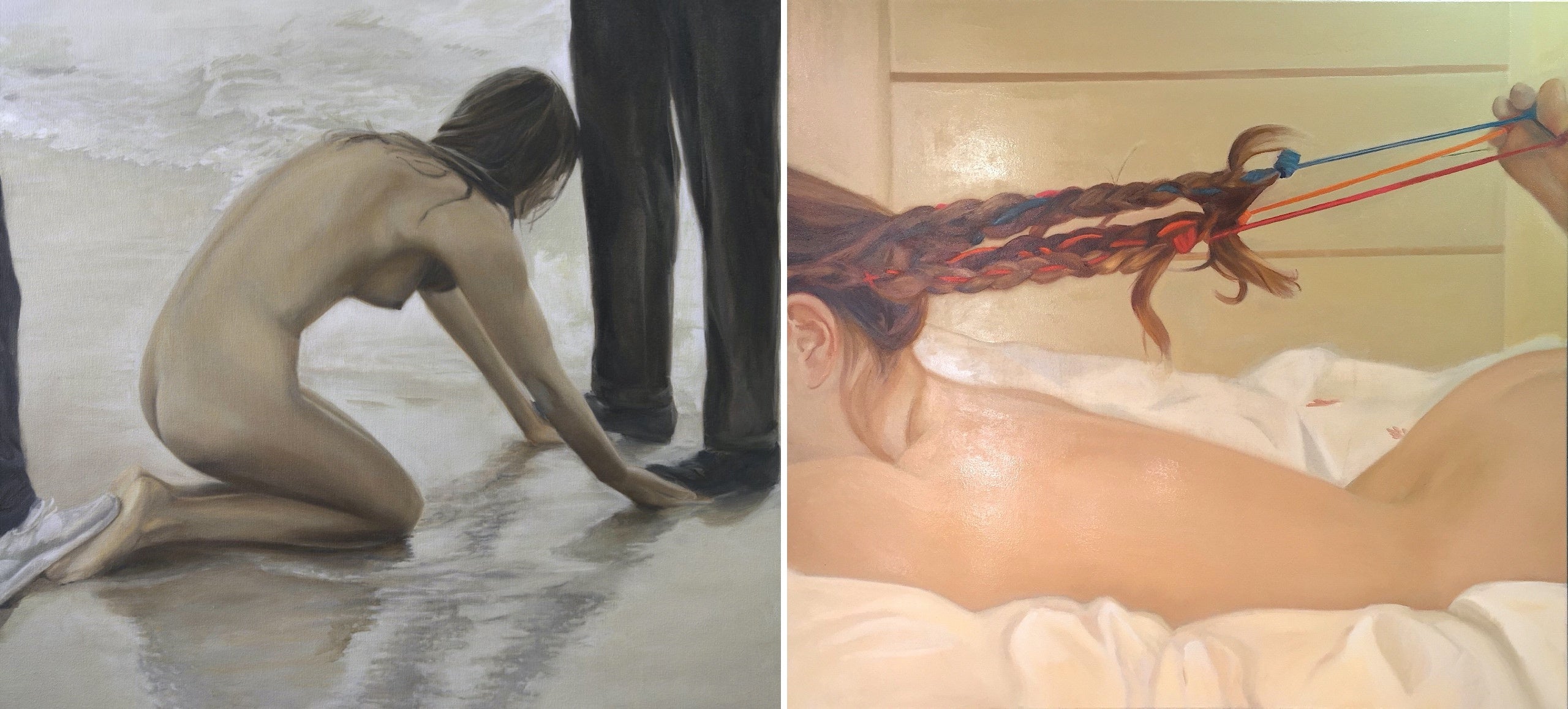 &ldquo;Day at the Beach,&rdquo; 2019; &ldquo;Woman With Strings,&rdquo; 2019