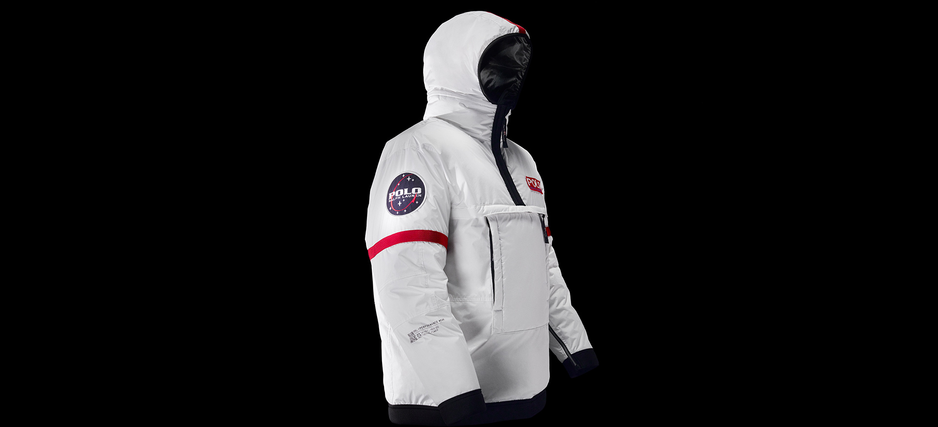 Photograph of hooded white RL Heat jacket against black background