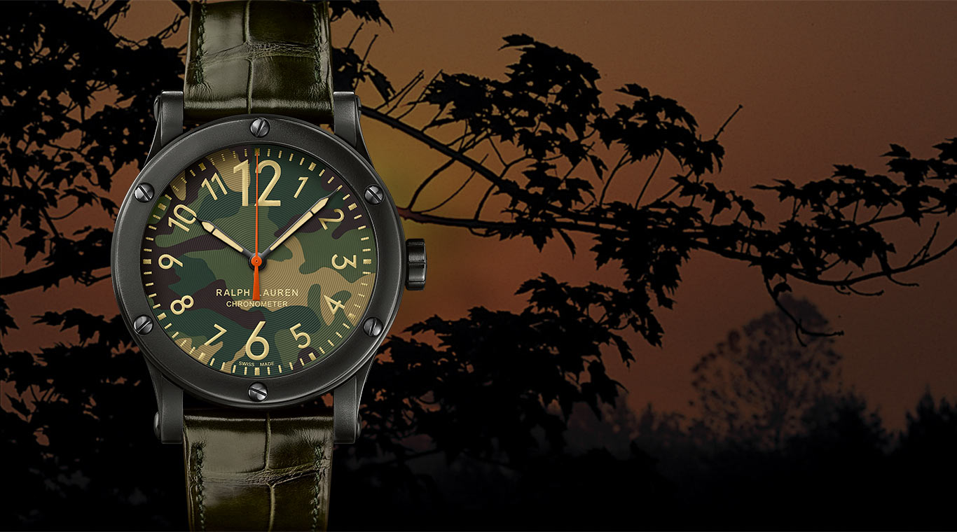 Safari watch with alligator band and camo-patterned dial