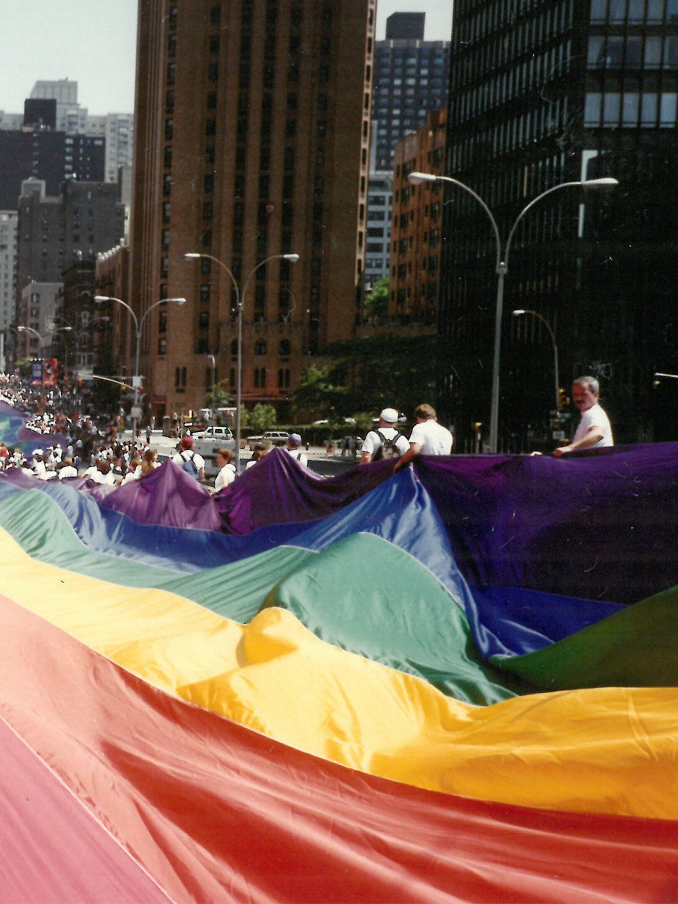 A mile-long version of the flag displayed down New York City&rsquo;s First Avenue to commemorate the 25th anniversary of the Stonewall riots