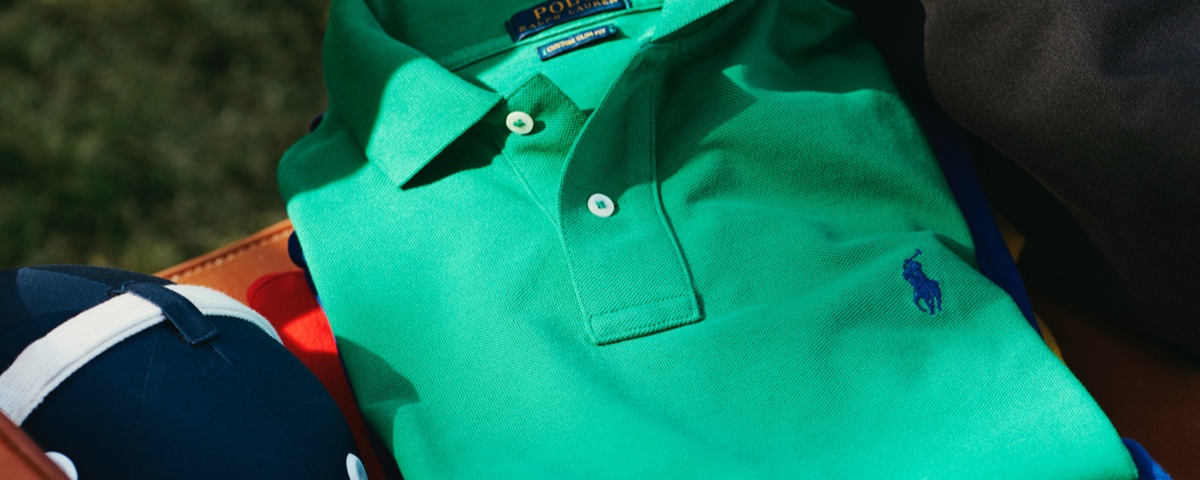 Kelly green Polo shirt with royal blue Polo Pony accent