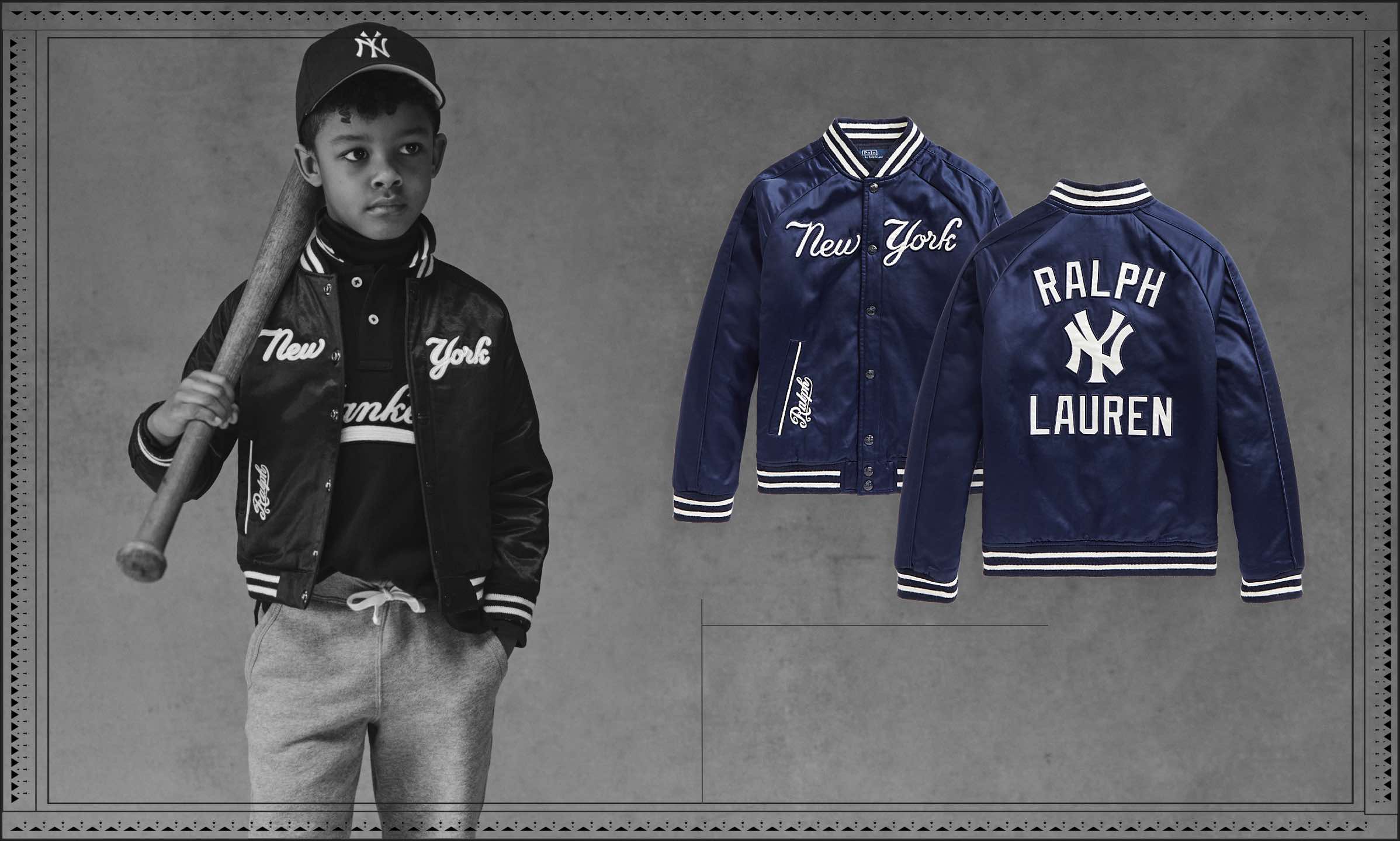 Greyscale photo of boy wearing the Polo Ralph Lauren Yankees™ Jacket
