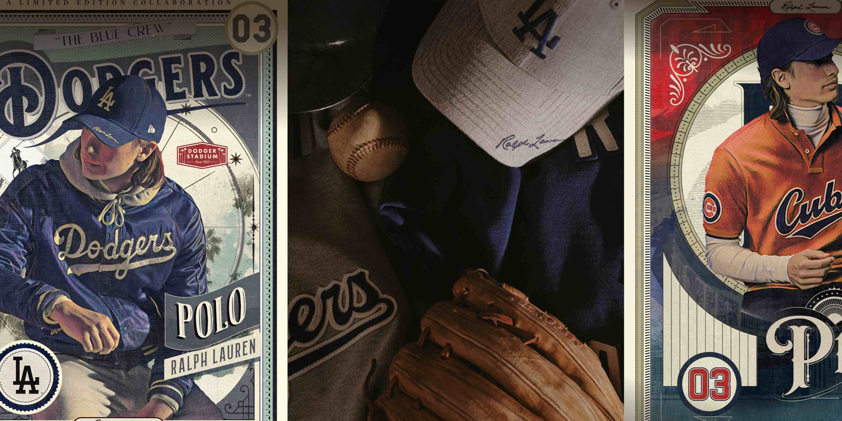 Illustrations of Ralph Lauren baseball trading cards & gloves & hats