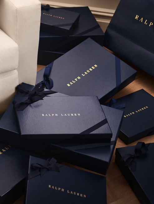 Navy Ralph Lauren gift boxes with navy ribbon.