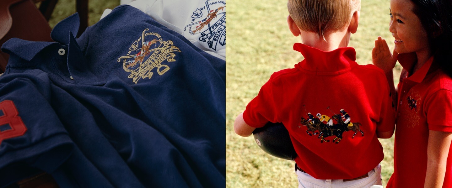 Polo shirt with equestrian graphic; kids in red equestrian-inspired Polos.