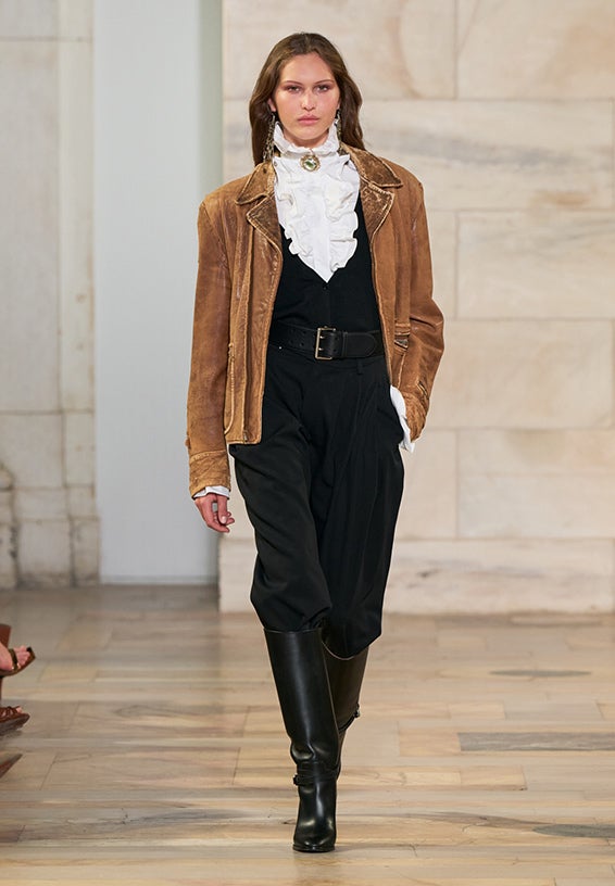 A look from Ralph Lauren’s Fall 2025 runway show shown on model.