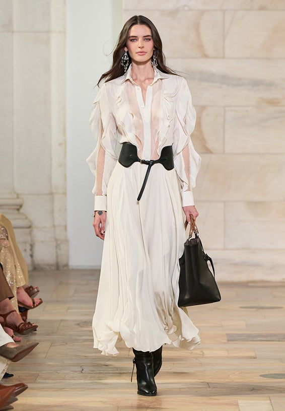A look from Ralph Lauren’s Fall 2025 runway show shown on model.