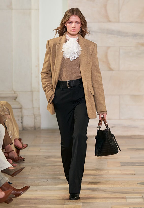 A look from Ralph Lauren’s Fall 2025 runway show shown on model.