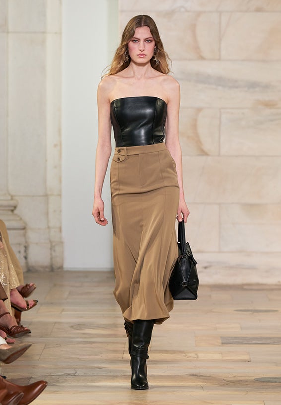 A look from Ralph Lauren’s Fall 2025 runway show shown on model.