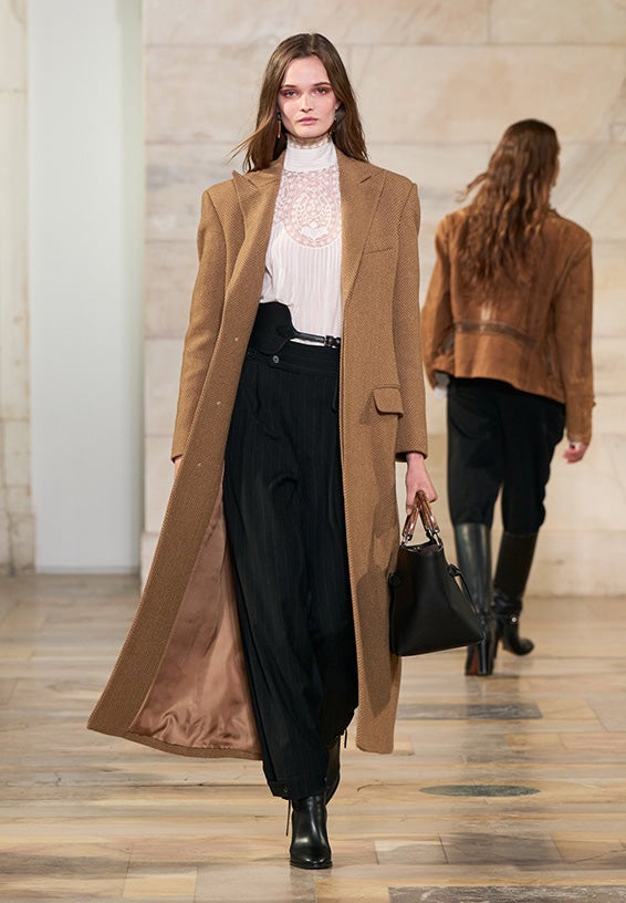 A look from Ralph Lauren’s Fall 2025 runway show shown on model.