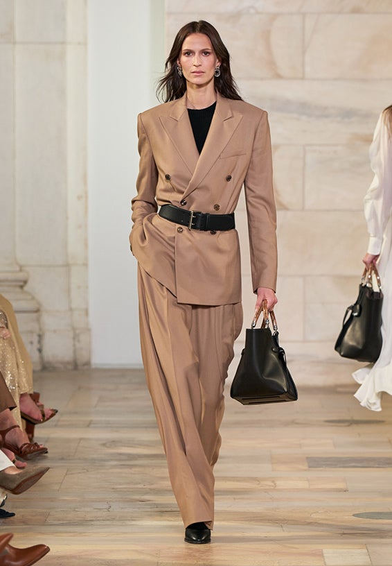 A look from Ralph Lauren’s Fall 2025 runway show shown on model.