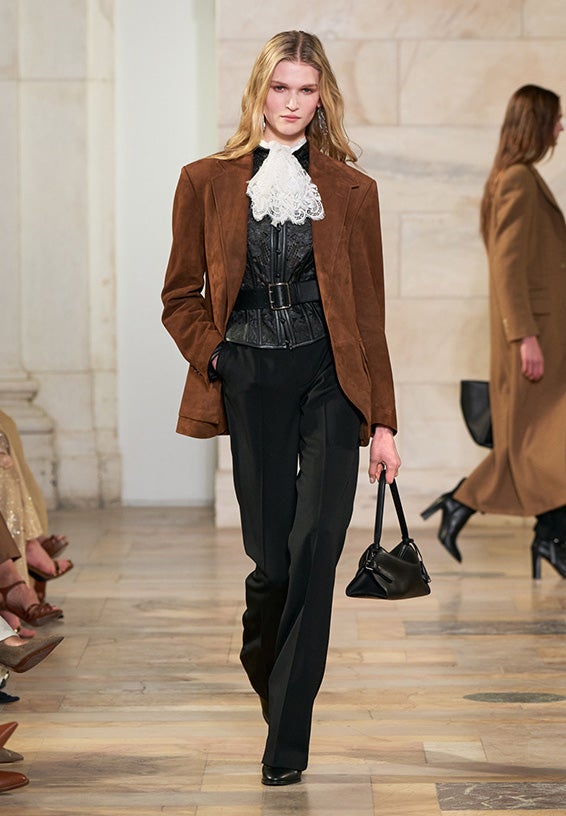 A look from Ralph Lauren’s Fall 2025 runway show shown on model.