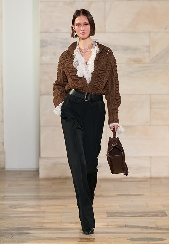 A look from Ralph Lauren’s Fall 2025 runway show shown on model.
