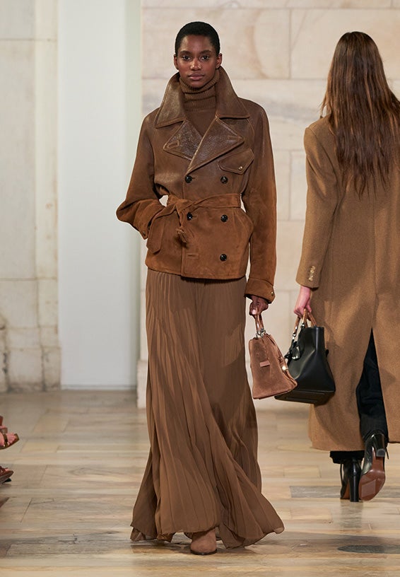 A look from Ralph Lauren’s Fall 2025 runway show shown on model.