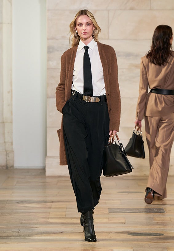 A look from Ralph Lauren’s Fall 2025 runway show shown on model.