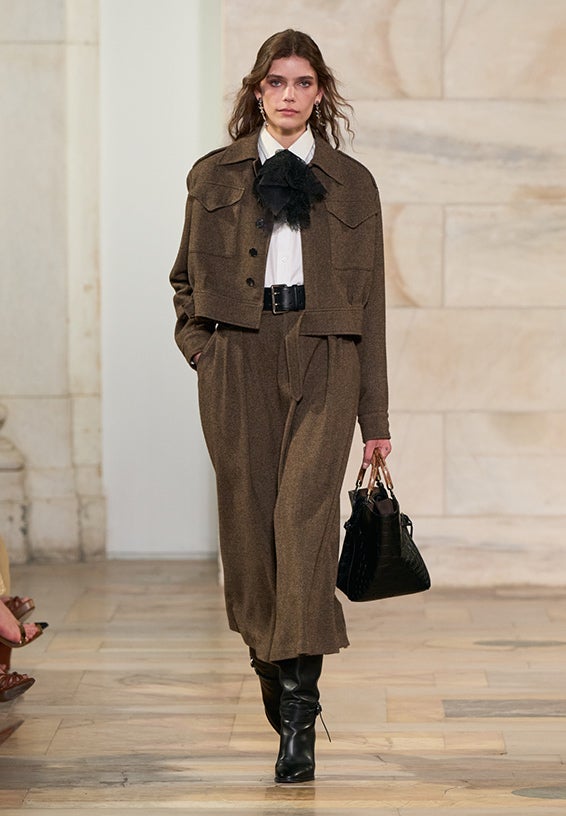 A look from Ralph Lauren’s Fall 2025 runway show shown on model.
