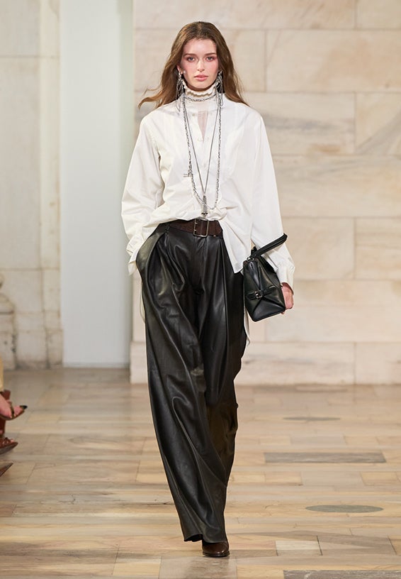 A look from Ralph Lauren’s Fall 2025 runway show shown on model.