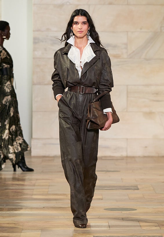 A look from Ralph Lauren’s Fall 2025 runway show shown on model.