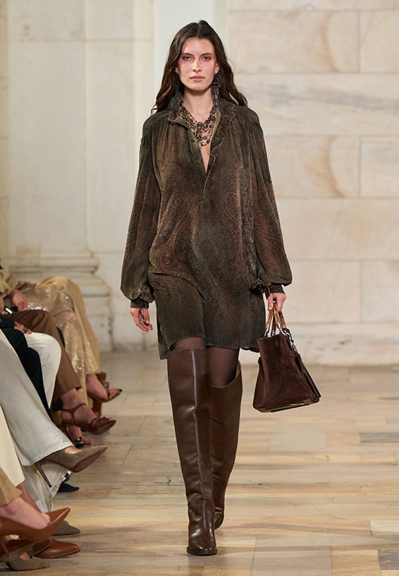 A look from Ralph Lauren’s Fall 2025 runway show shown on model.