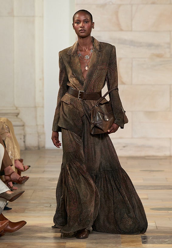 A look from Ralph Lauren’s Fall 2025 runway show shown on model.