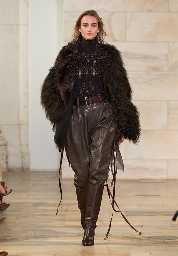 A look from Ralph Lauren’s Fall 2025 runway show shown on model.