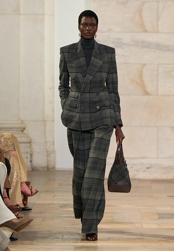 A look from Ralph Lauren’s Fall 2025 runway show shown on model.
