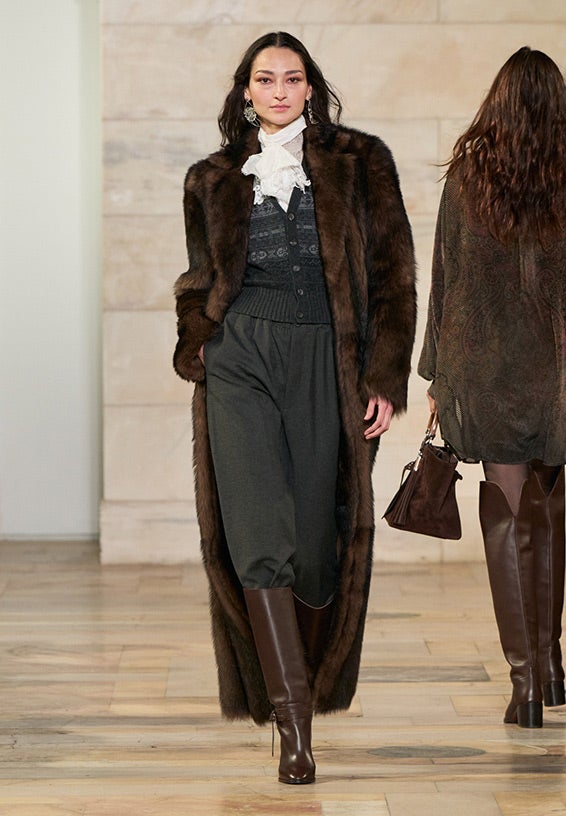 A look from Ralph Lauren’s Fall 2025 runway show shown on model.